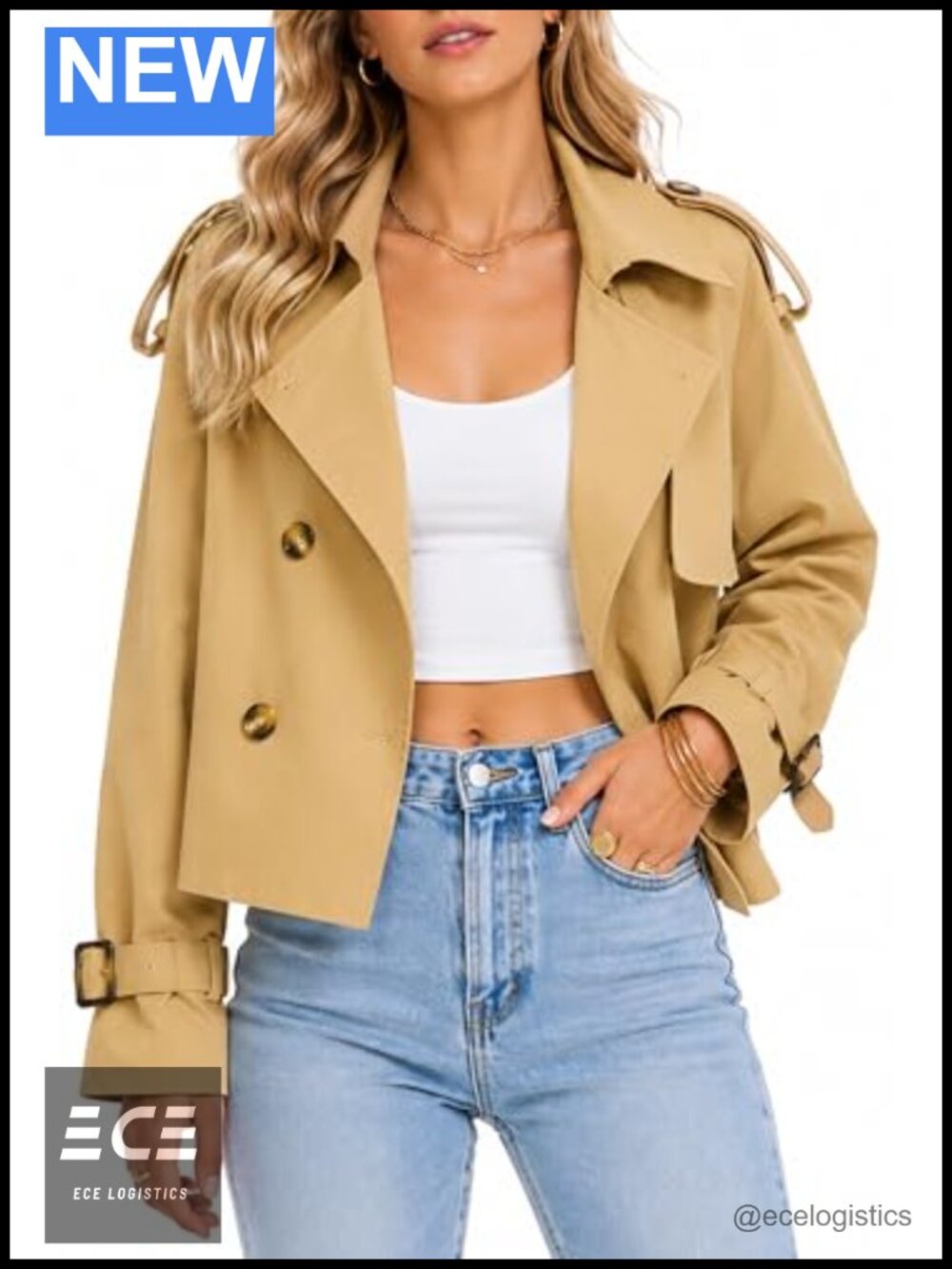 Women's Crop Double Breasted Trench Coat Lightweight Short Water Repellent T400